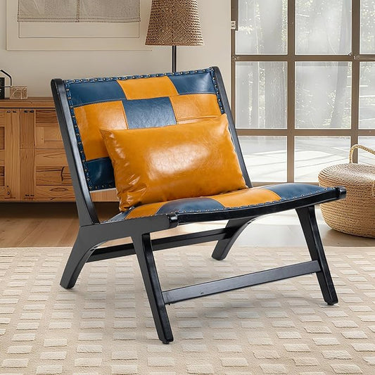 Accent Chair Modern Comfy Genuine Leather Armless Mid-Century Anthropologie Accent Chairs Lounge Arm Chair with Solid Wood Floral Pattern Sofa Chair for Living Room/Office/Balcony/Bedroom