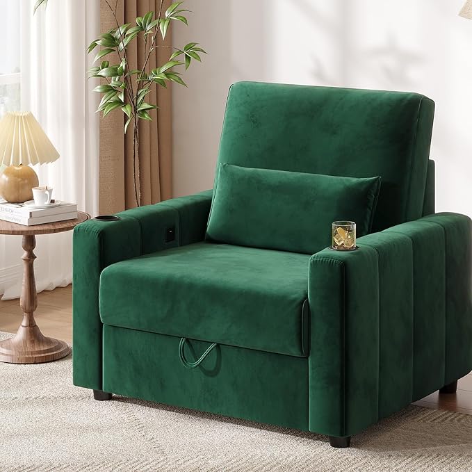 39 Inch Accent Chair Velvet Fabric Comfy Oversized Single Sofa Armchair with Storage USB Cup Holders Easy Installation Modern Chairs for Living Room Game Room