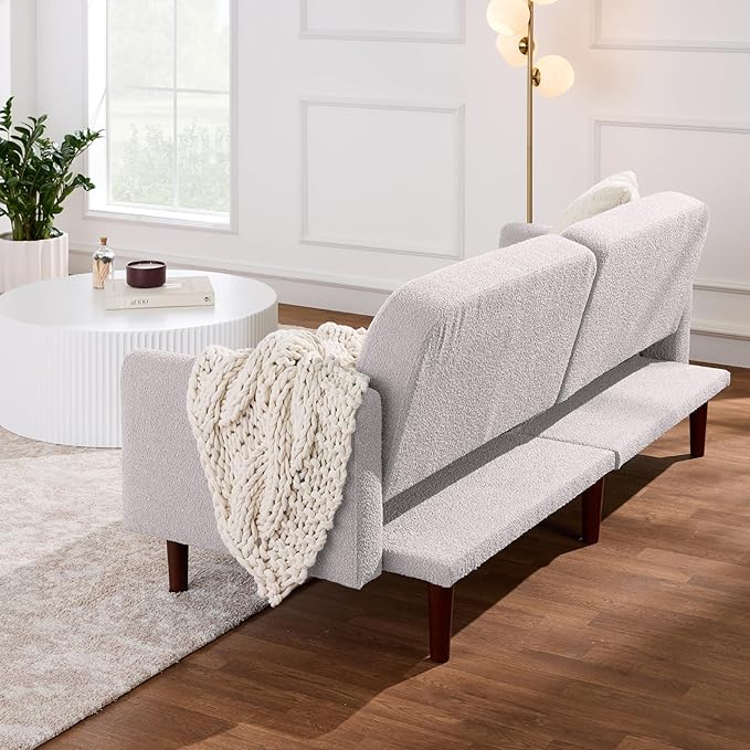 Best Choice Products 77 Mid Century Modern Boucle Loveseat Sofa Couch Convertible Sofa Sleeper Bed w/Real Wood Removable Armrest - Frost Gray