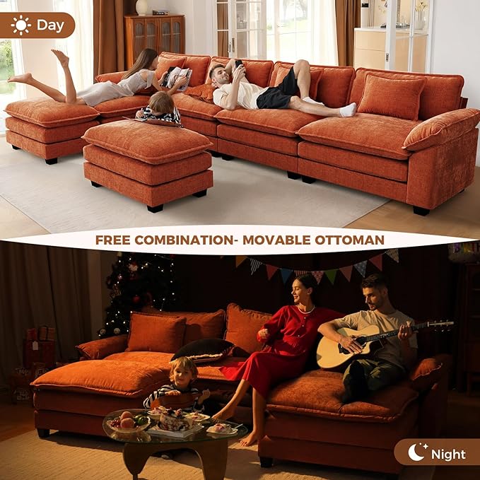 CDCASA 120 Modular Sectional Sofa Comfy Cloud Couch Oversized 3-Seater Chenille Deep Seat Sofa Bed for Living Room DIY Combination Terracotta Orange