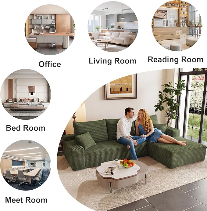 95 Cloud Sectional Couch with L-Shape Chaise Modular Comfy Sofa Chaise Longue Upholstered Corduroy Couches Sleeper with Deep Seat for Living Room Bedroom No Assembly Required(Green Right Facing)
