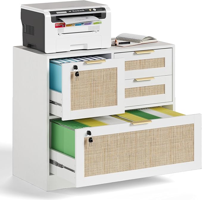 HOPUBUY Lockable 4 Drawers File Cabinet Lateral Filing Cabinet with Printer Stand for Home Office and School Wood Rattan File Cabinet for Hanging Files/Letter/Legal/A4/F4 Size White