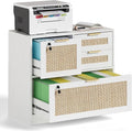 HOPUBUY Lockable 4 Drawers File Cabinet Lateral Filing Cabinet with Printer Stand for Home Office and School Wood Rattan File Cabinet for Hanging Files/Letter/Legal/A4/F4 Size White