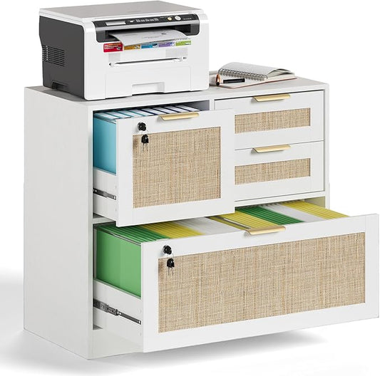 HOPUBUY Lockable 4 Drawers File Cabinet Lateral Filing Cabinet with Printer Stand for Home Office and School Wood Rattan File Cabinet for Hanging Files/Letter/Legal/A4/F4 Size White