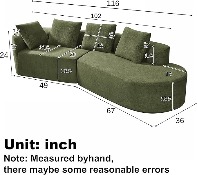Merax 116 Curved Polyester Sectional Sofa Modern Pearl Upholstery 3 Seat Cloud Couch with Chaise Lounge &amp 4 Pillows for Living Room Green