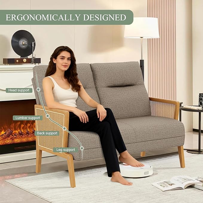 Love Seat Settee Mini Couch Upholstered Sofa with Natural Rattan Armrest Backrest Couch Bench Loveseat for Living Room Bedroom Brown Grey