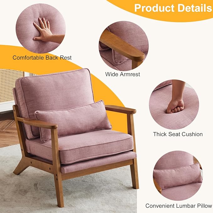 Karl home Accent Chair Wide Armrest Mid-Century Lounge Chair Linen Fabric Armchair with Lumbar Pillow &amp Solid Wood Frame for Living Room Bedroom Balcony Pink