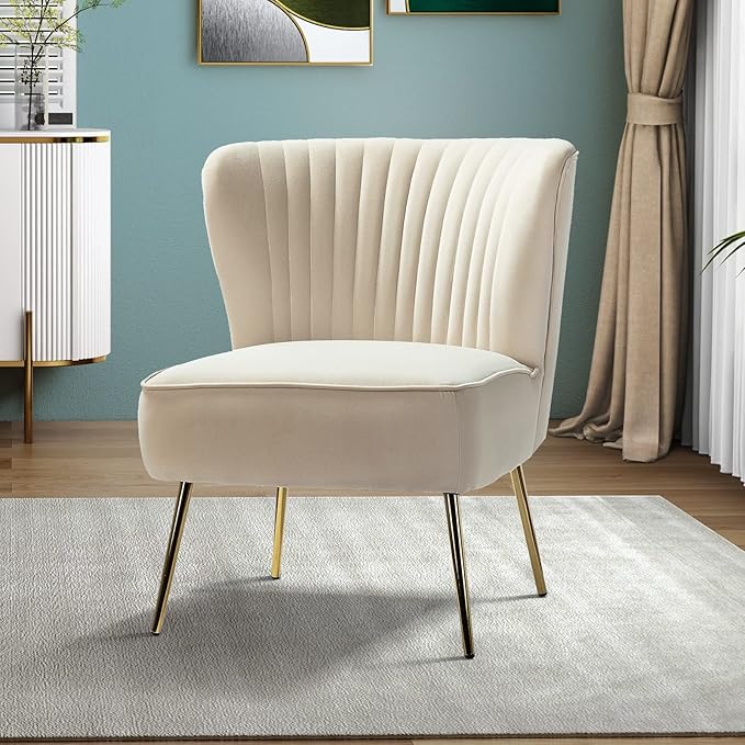 HULALA HOME Velvet Accent Chair Modern Upholstered Cute Side Chair with Gold Metal Legs Armless Wingback Slipper Chair Comfy Living Room Chair for Bedroom Guest Room Vanity TAN