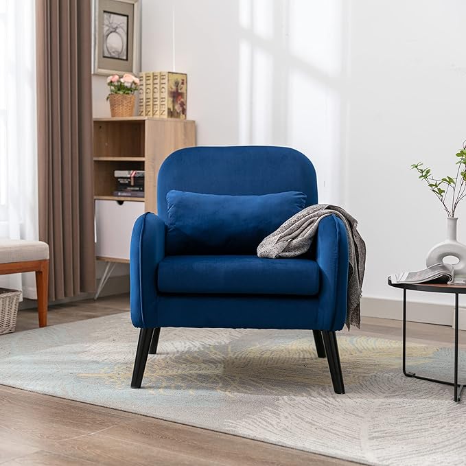 Mid Century Modern Accent ChairSingle Sofa Chair with Solid Wood Legs Comfy Fabric Upholstered Reading Armchair with A Soft Cushionfor Living Room BedroomApartmentOffice (Navy)