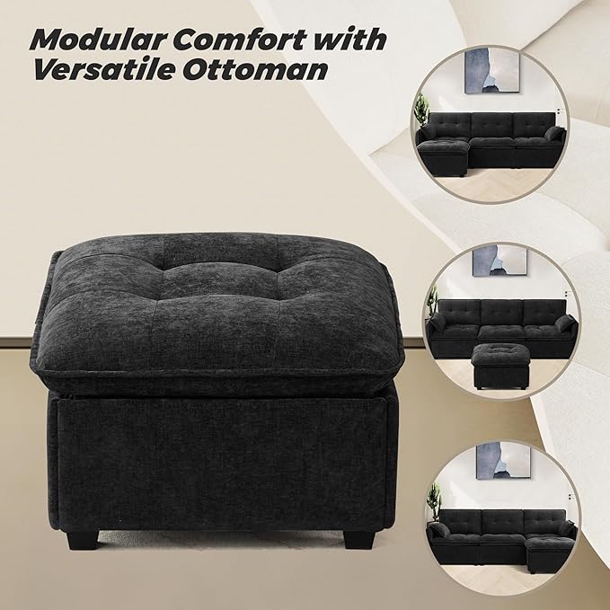 Oversized Modular Sectional Sofa with Ottoman 96.5 Inch 3 Seat Deep Seat Chenille Couch Convertible L Shaped Sofa with Pillows Comfy SeatingCouch for Living Room Apartment Office (Black)