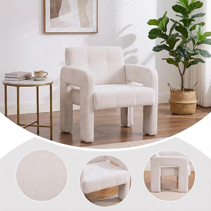 Arletta Modern Minimalist Armchair Beige Chenille Upholstered Single Chair Nordic Style Living Room Seating with Padded Arms 500 LBS Load Capacity 26.57x27.17x29.33 Inches