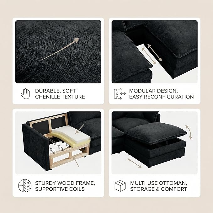Homy Casa 102 Inch L Shaped Couch Set3-Seat Sectional Sofa with Chaise Comfortable Chenille Fabric Removable Cushions Ottoman DIY CombinationModern Design for Living/Family Room (Black)