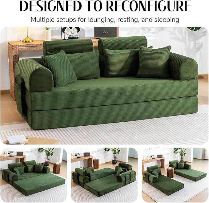 79 Corduroy Sofa Bed Sleeper Couch 6-in-1 Convertible Boneless Floor Futon Loveseat High-Density Foam Couch in a Box with 2 Headrest Pillows No Assembly Olive Green