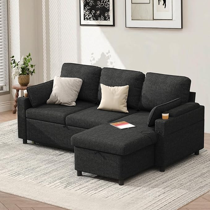 DURASPACE Sleeper Couch Pull Out Sofa Bed 2 in 1 Convertible Sofa Sleeper with Storage L Shaped Sectional Couch Bed for Small Spaces Living Room Bedroom Apartment (Dark Gray)