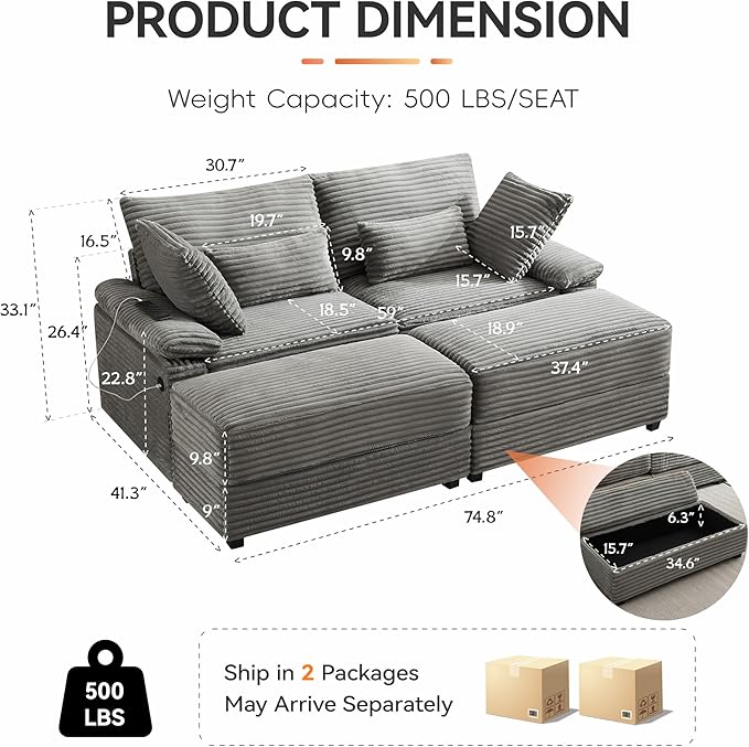 75 Corduroy Loveseat with Storage Ottoman Cloud Deep Seat Couch with Convertible Ottoman Coffee Table &amp USB Double Chaise Lounge for Living Room Grey