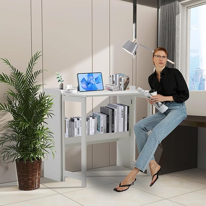 KEIKI 32.6 Folding Table with Storage Shelf Foldable Computer Desk for Small Spaces Space-Saving Study Table for Bedroom Home Office Dorm and Apartment Ancient White