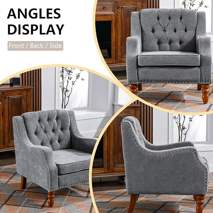 Linen Accent ChairsUpholstered Button Tufted Living Room ChairMid Century Armchair Sofa ChairsComfy Reading Chair for BedroomLiving RoomStudy (Grey 1)