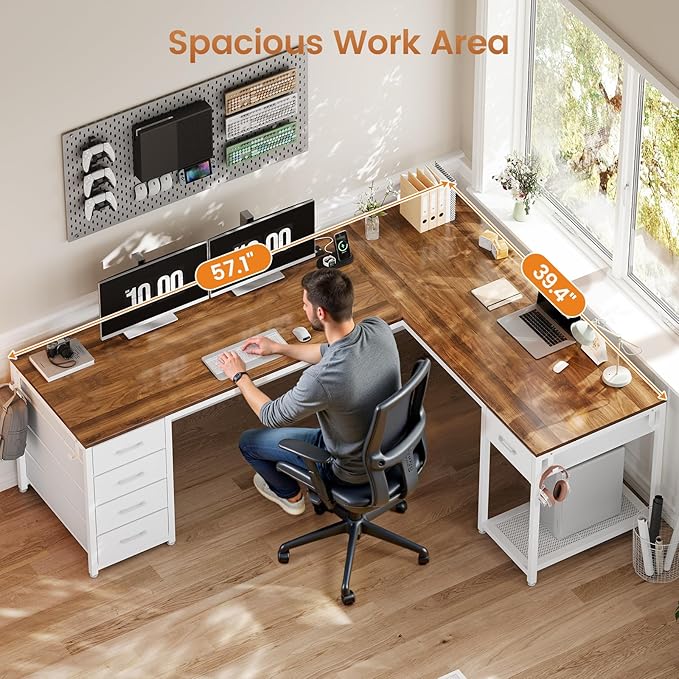 57 L Shaped Desk with 5 Drawers Reversible Computer Corner Desk with Storage &amp Power Strip for Home Office 78.7 Long 2 Person Desk Brown+White