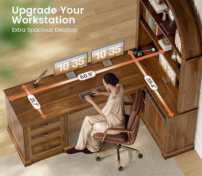 SEDETA 67 L Shaped Desk with Tall Arched Bookshelf Mid-Century Office Computer Desk with 3 Drawers and Storage Shelves Corner Executive Desk with Sliding Barn Door for Home Office Brown