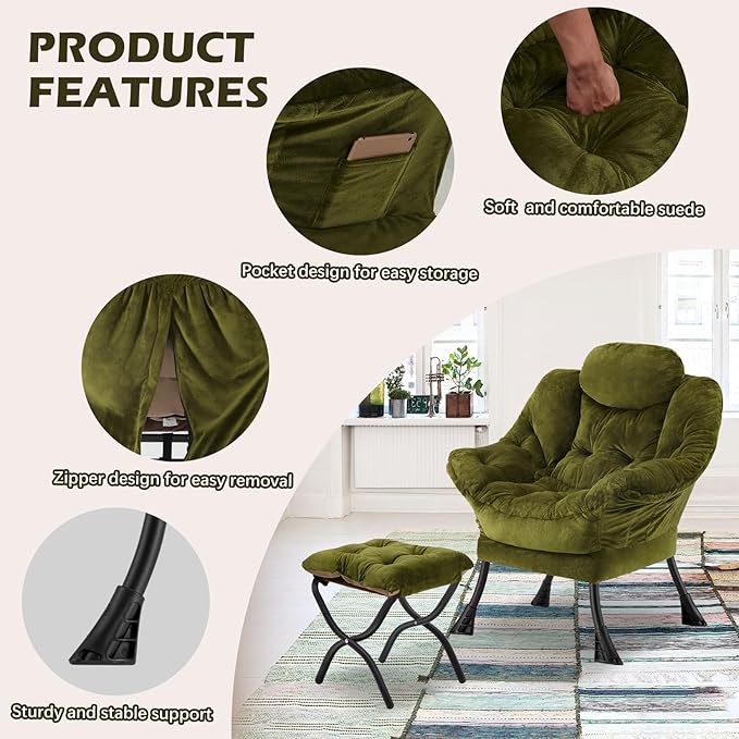 Lazy Chair with Folding OttomanLeisure Sofa ChairSoft Fabric Armchair with Armrests and Side Pockets Reading Chair with Footrest for Living Room Bedroom Office (Plush Green)