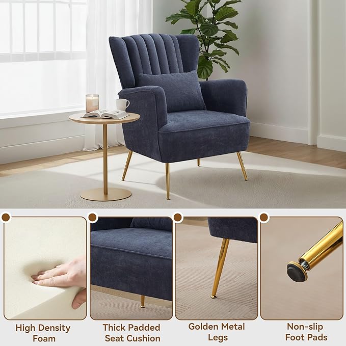 Chenille Accent Chair with Lumbar Pillow Modern Wingback Chair for living room with Gold Metal Legs Upholstered Arm Chair with Thick Cushion Reading Chairs for bedroom Comfy Sofa Chair Blue