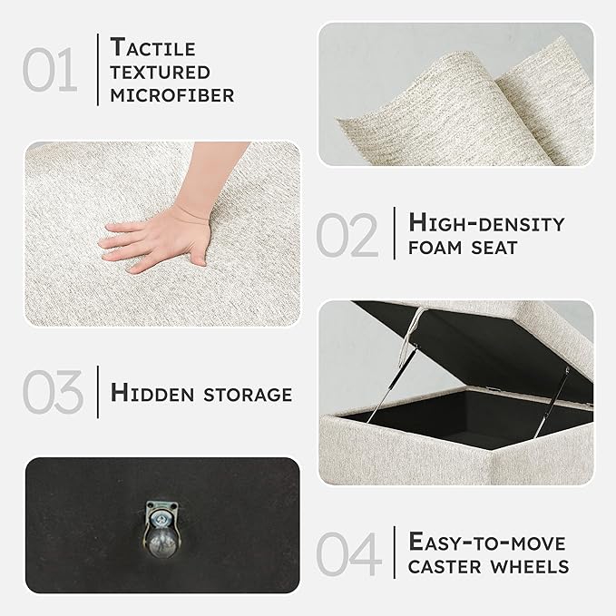 Lexicon 41 W Storage Ottoman with Casters Textured Microfiber Upholstered Square Ottoman Foot Stool Foot Rest for Living Room Module for Sectional Couch No Assembly Required Microfiber Beige