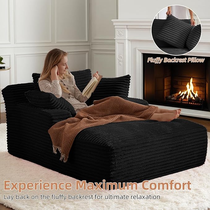 Oversized Chaise Lounge Chair Indoor Corduroy Sofa Bed with Throw Pillows Recliner Chair Comfy Large Deep Seat Sofa Couch for Living Room Bedroom Apartment (Black)
