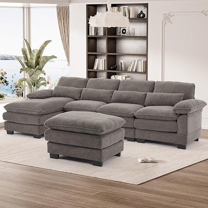 OUYESSIR 113 U Shape Sectional Cloud Couch with OttomanFluffy Sectional Couches for Living Room4 Seater Modular Sectionals SofaComfy Cloud Sofas &amp Couches with 4 PillowsGrey
