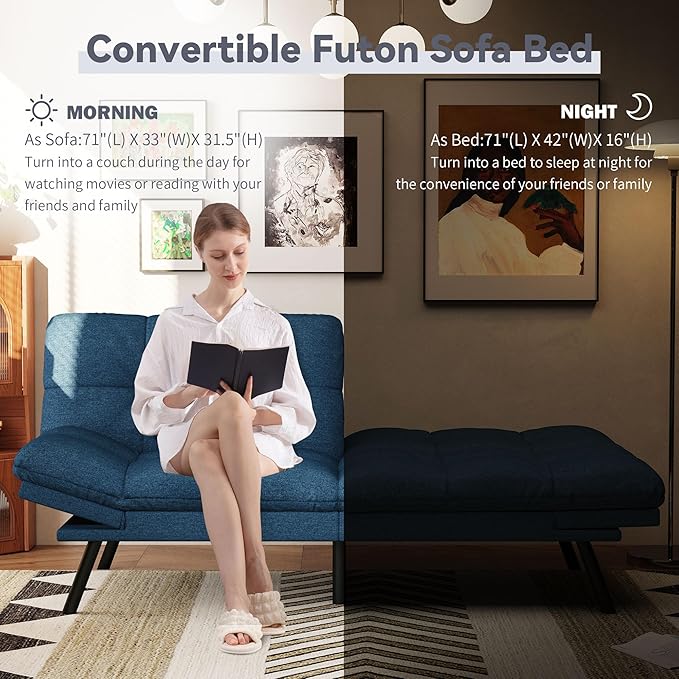 Vyfipt Convertible Futon Sofa Bed 71 Memory Foam Futon Couch with DetachableAdjustable BackrestLinen Fabric Folding Small Loveseat Sleeper for for Living RoomRVOfficeApartmentPure Blue