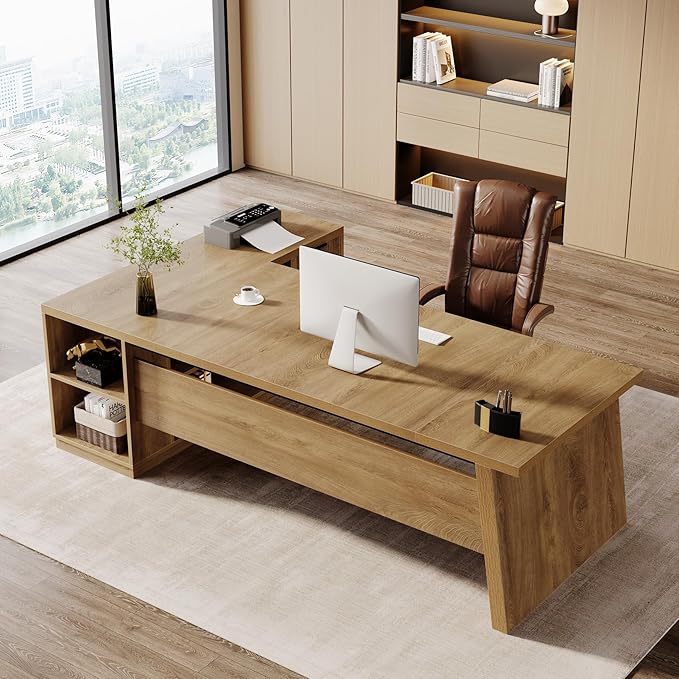 Tribesigns 77.9-inch Executive Desk with 2 Drawers Large L Shaped Computer Desk with Storage Cabinet and Shelves Business Furniture Workstation for Home Office (Light Brown)