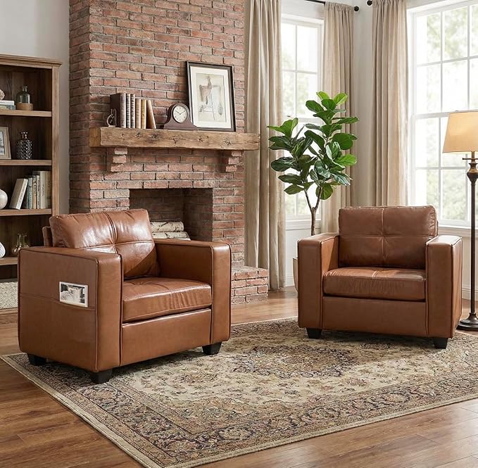 TYBOATLE Brown Faux Leather Accent Chairs Set of 2 Comfy Living Room Chair Reading Oversized Accent Chairs Tufted Mid Century Modern Arm Chair Wider Armchair for Office Bedroom Lobby