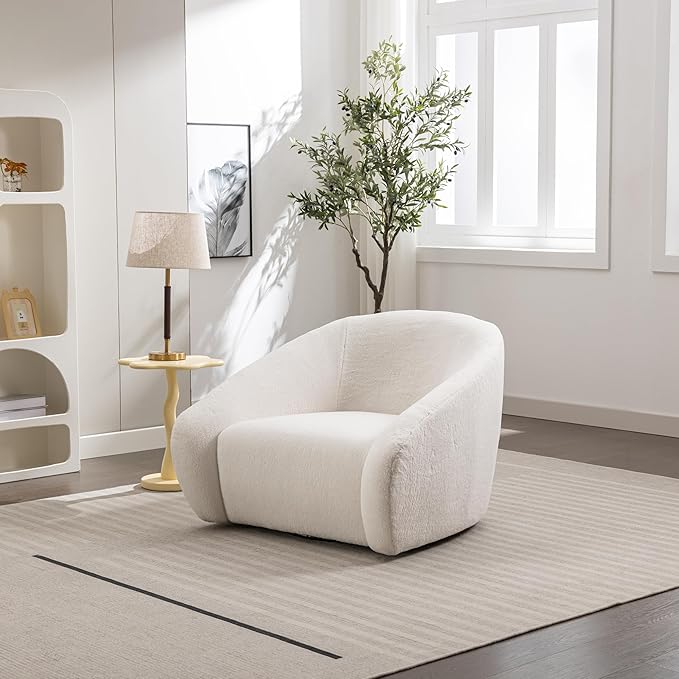 Modern Swivel Accent Chair 39 Oversized Single Sofa Chair360 Degree Swivel Barrel Chairs Upholstered Lesisure Armchair for Living Room Bedroom Cream White