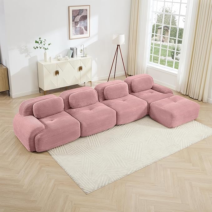 Cloud Sectional Couch Boneless L Shaped Couch 152.7'' Modular Sectional Sofa with Ottoman Modular Cloud Sofa 4 Seater Corduroy Deep Seat Couches for Living Room No Assembly Couches Pink