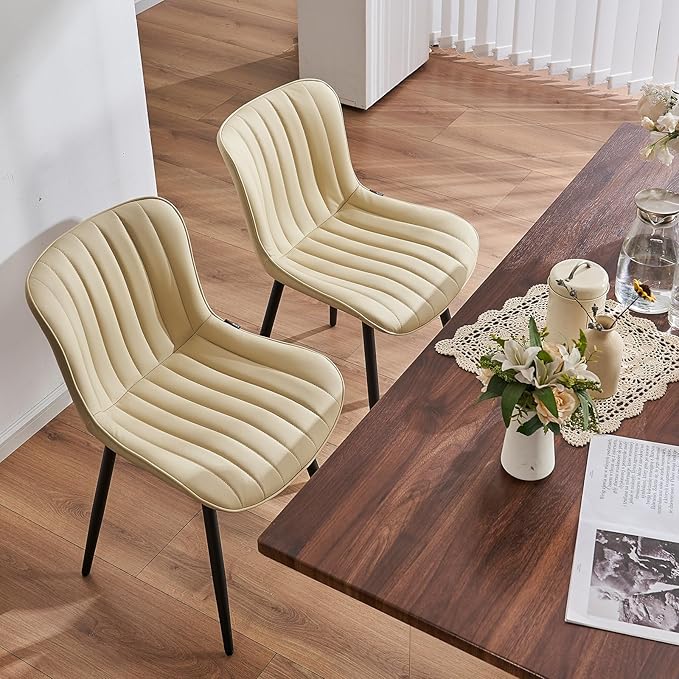 YOUNUOKE Mid-Century Modern Dining Chairs Set of 2 Beige PU Leather Upholstered Kitchen Chairs with Black Metal Legs Armless Accent Chair for Dining Room Guest Reception Room