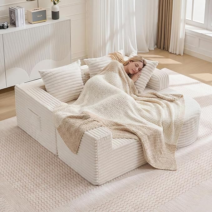 Boneless Cloud Couch Modular Sectional Sofa L-Shape with Chaise 102 Soft Faux Fur Deep Seat &amp 3 Pillows &amp 2 Side Pockets for Living Room Bedroom (Beige Right Chaise)