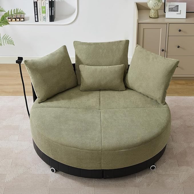 51W Oversized Swivel Accent ChairPolyester Upholstered Extra Large Swivel Barrel ChairRound Chair with WheelsRotating Phone Holderand 4 PillowsLounge Arm Chair for Living RoomBedroom(Green)