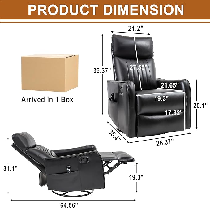 Manual Swivel Rocker Recliner Chair for Adults Overstuffed Recliner Glider with Massage and Heat Living Room Reclining Chair PU Leather Black