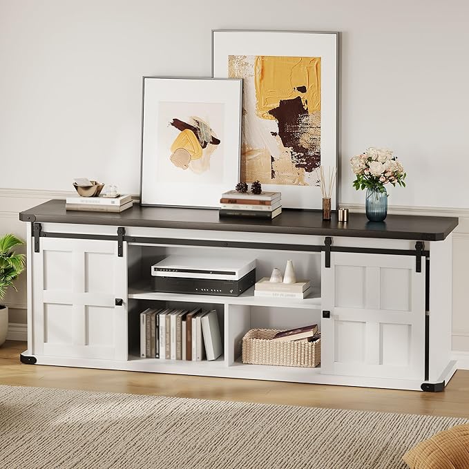 GAOMON 70 Farmhouse TV Stand for 80/75/70 Inch TVsEntertainment Center Storage Cabinets w/Power Outlets and Sliding Barn DoorRustic TV Stands for Living RoomMedia Console Cabinet (Black/White)