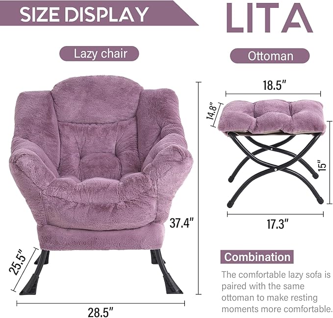 LITA Lazy Chair with Ottoman Modern Accent Leisure Upholstered Sofa Chair Lounge Reading Chair with Armrests and a Side Pocket for Living Room Bedroom &amp Small Space