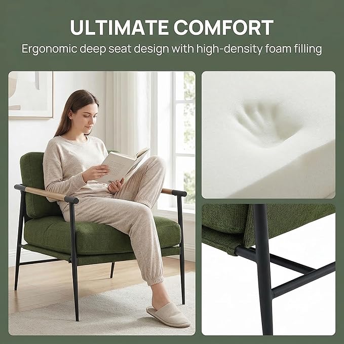 DUOMAY Green Modern Accent Chair Soft Linen Fabric Armchair Sofa Lounge Bedroom Chair with Metal Leg for Living Room Reading Office