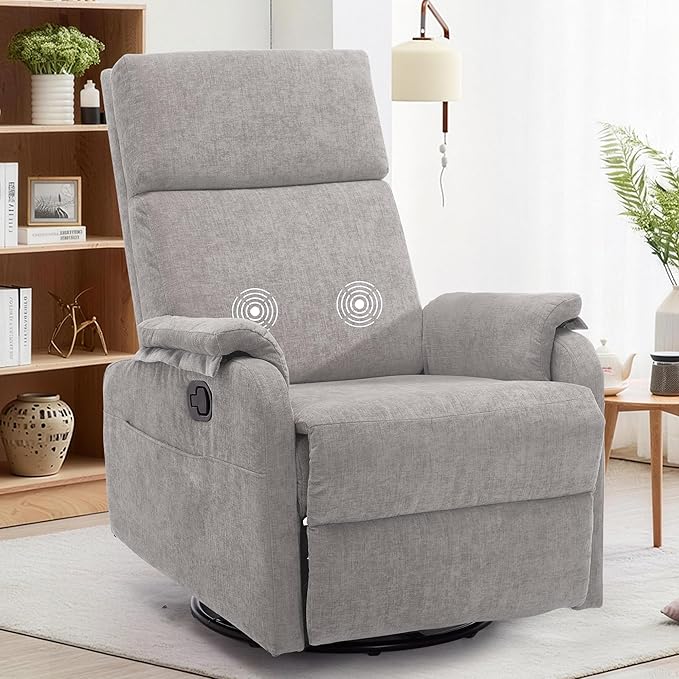 Swivel Rocking Recliner with Massage Small Glider Chair for Nursery Modern-Designed Armrests Chair for Adults Living Room Chenille Grey