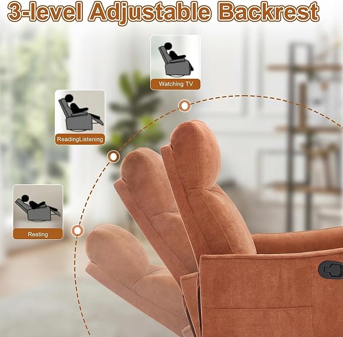 Manual 360° Swivel Rocker Recliner Chair for Adults Overstuffed Glider Chair for Nursery with Vibration Massage and Heat Comfy Soft Fabric Glider with Side Pockets for Living Room Orange