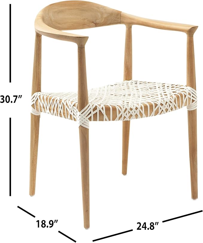 SAFAVIEH Home Collection – Wade Light Oak Teak Wood Arm Chair with Woven Leather Seat Fully Assembled Mid-Century Modern Accent Chair (FOX1003A)