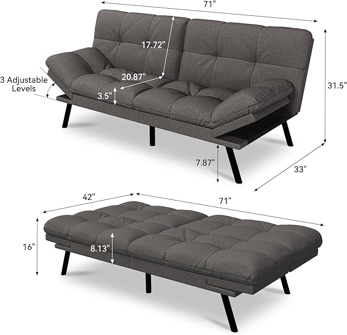 Hcore Convertible Futon Sofa BedModern Linen Futon Couch with Detachable CushionAdjustable Backrest &amp Armrest Small Splitback Loveseat Sofa Sleeper for Living RoomOfficeApartmentDark Grey