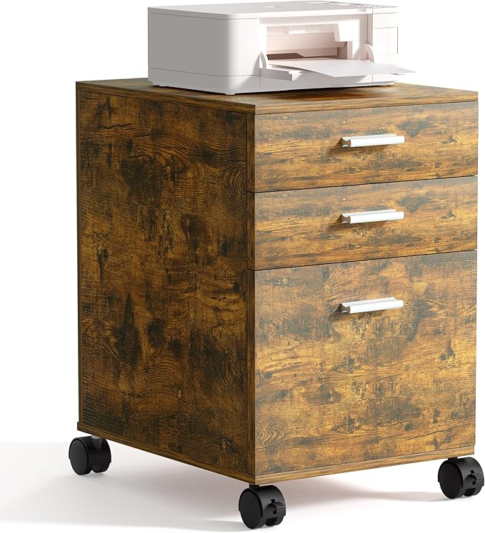 3 Drawer File Cabinet with WheelsPreassembled Rustic Brown Wood OrganizerMultifunctional for Home OfficeMobile Printer Stand Storage19 L x 16 W x 22 H