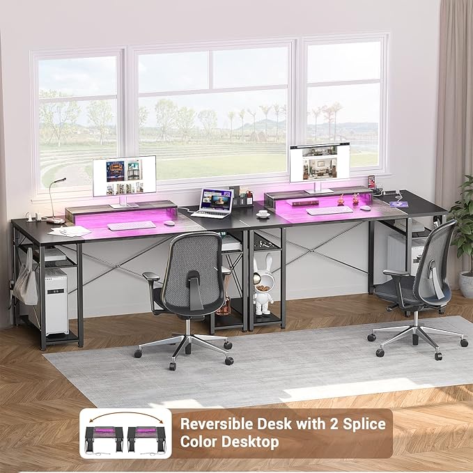 Armocity Computer Desk with LED Lights 55 Inch Desk with Power Outlet and USB Reversible Large Desk with Moveable Monitor Stand 55.2'' Gaming PC Table for Home Office Workstation Grey and Black