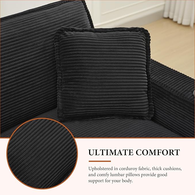 82.7 L Shaped Sectional Sofa with Cup Holders &amp USB Ports Modern Loveseat Cloud Couch with Ottoman for Living Room Apartment Small Spaces Black Corduroy