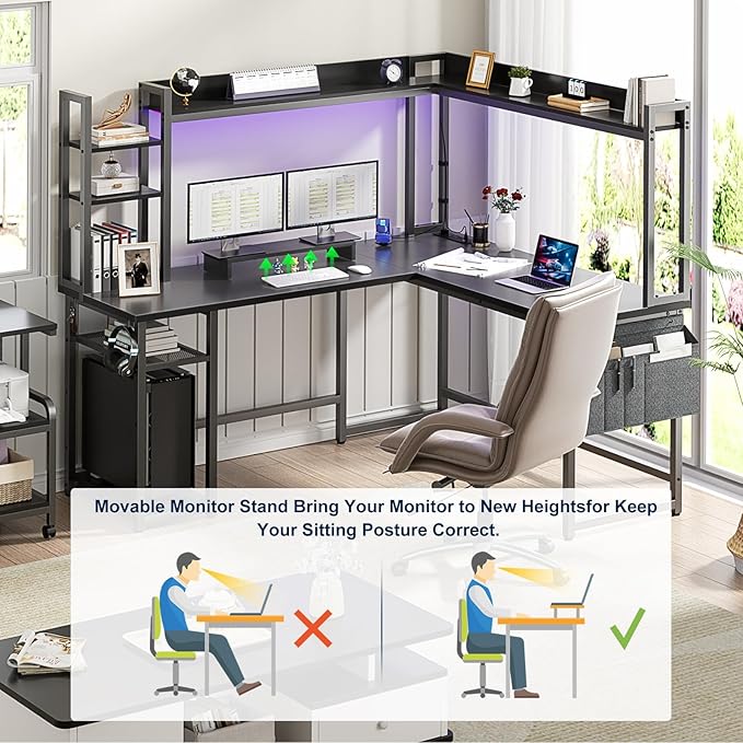 Aheaplus L Shaped Desk with Power Outlet L Shaped Gaming Desk with Led Light &amp Hutch Reversible Home Office Desk Corner Computer Desk Writing Desk with Monitor Stand &amp Storage Shelves Blac