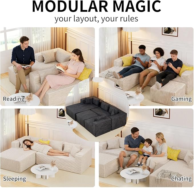 126 Cloud Modular Sectional Sofa L Shaped Couch Deep Seat Chaise Sectional Sofa for Living Room Modern Minimalist Upholstered Boneless Couch No Assembly Required Khaki Left-Facing Chaise