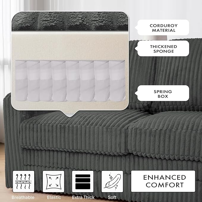 115 Corduroy Sectional Sofa with Storage Ottoman Modern 7 Seats Corner Couch with Deep Seat Comfy Modular U Shaped Couch with Comfortable Cushions for Living Room Grey